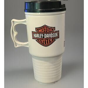 Harley Davidson Symbol White W/ Black Lid Auto Mug Cup Tumbler Thermos Drink
